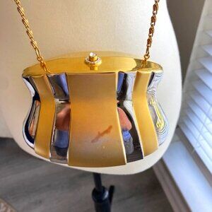 VINTAGE LISETTE GOLD/SILVER METAL SHOULDER BAG W/ RHINESTONE TOP CLOSURE